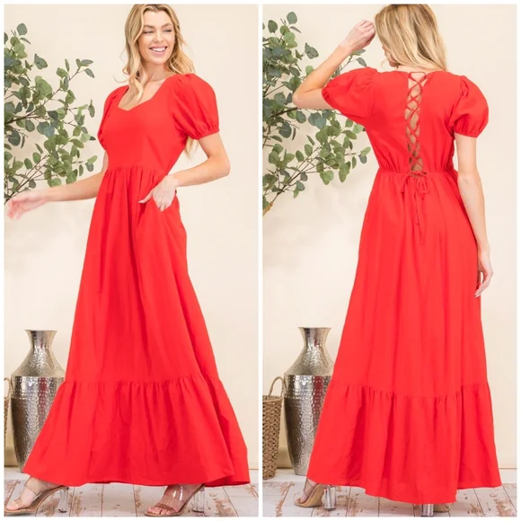 HYFVE Boho Chic Rich Red Puff Sleeves Tiered Maxi Dress - Picture 2 of 8
